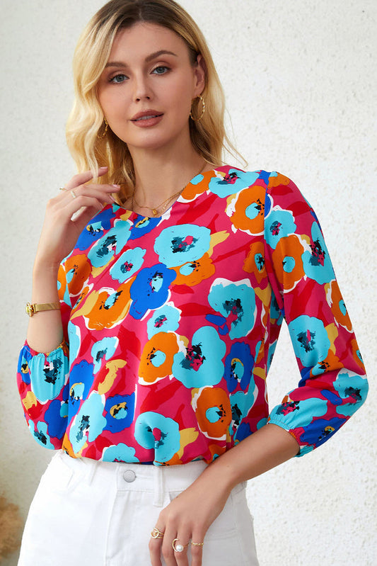 Rose MultiColour Floral Print V Neck 3/4 Sleeve Blouse - Tops/Blouses & Shirts