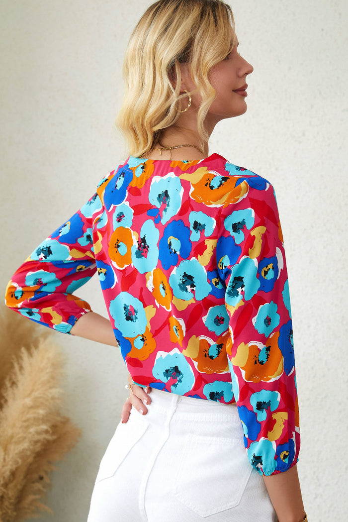 Rose MultiColour Floral Print V Neck 3/4 Sleeve Blouse - Tops/Blouses & Shirts