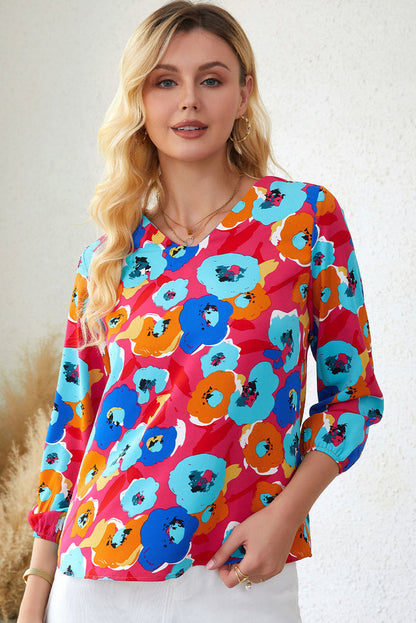 Rose MultiColour Floral Print V Neck 3/4 Sleeve Blouse - Tops/Blouses & Shirts
