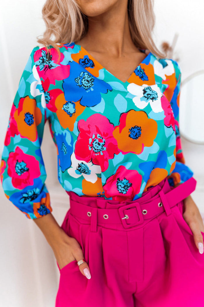 Rose MultiColour Floral Print V Neck 3/4 Sleeve Blouse - MULTICOLOR / S / 100% POLYESTER - Tops/Blouses & Shirts