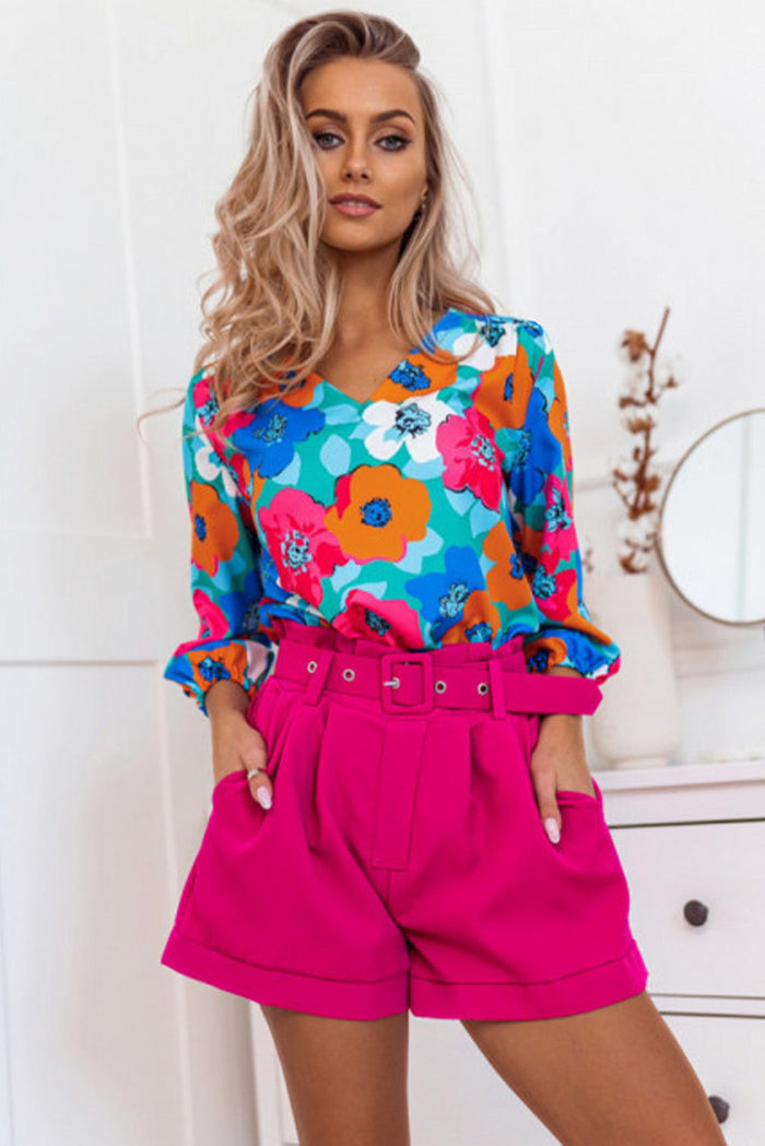 Rose MultiColour Floral Print V Neck 3/4 Sleeve Blouse - Tops/Blouses & Shirts