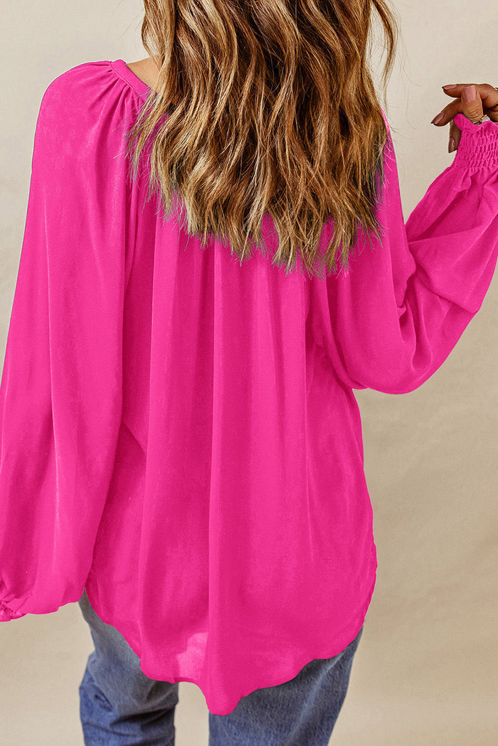 Rose Pleated V Neck Puffy Sleeve Blouse - Tops/Blouses & Shirts
