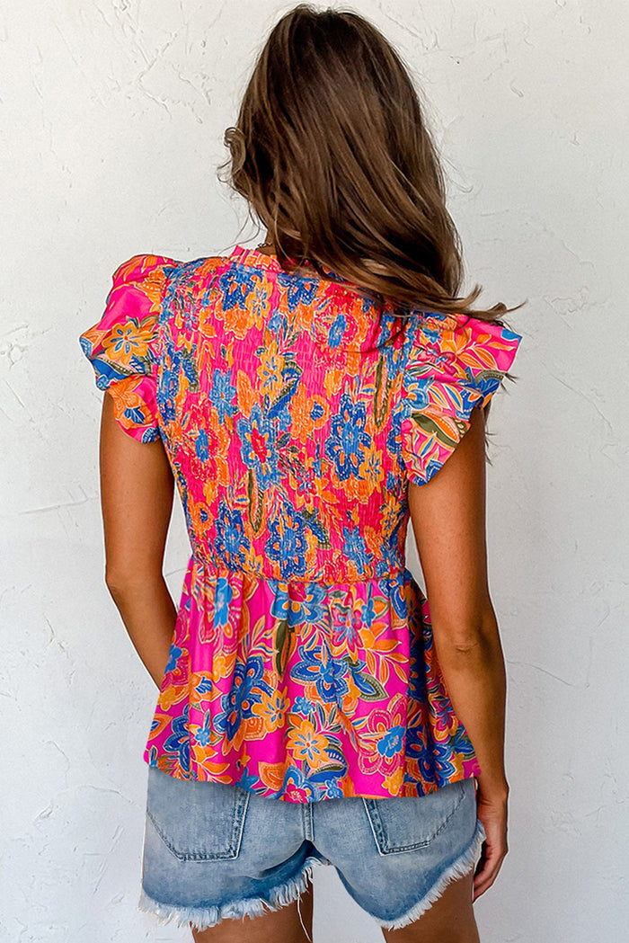 Rose Red Floral Print Smocked Ruffle Trim Flutter Sleeve Blouse - Tops/Blouses & Shirts
