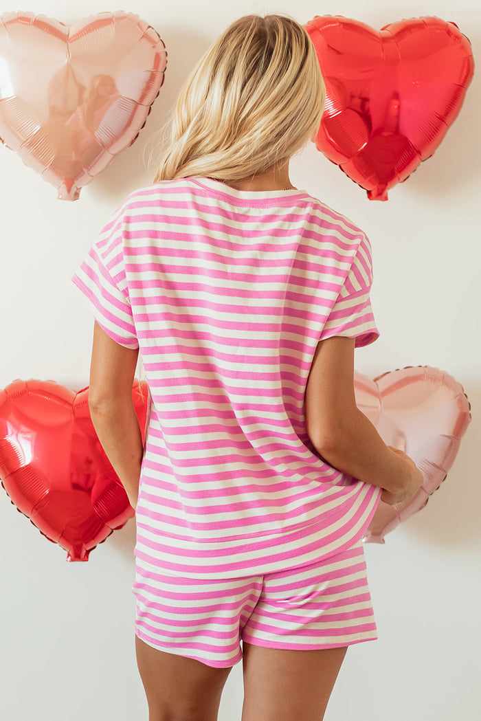 Rose Stripe Crew Neck T Shirt and Drawstring Shorts Set - Two Piece Sets/Short Sets