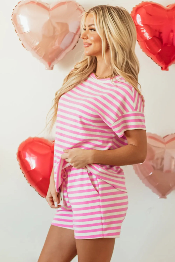 Rose Stripe Crew Neck T Shirt and Drawstring Shorts Set - Two Piece Sets/Short Sets