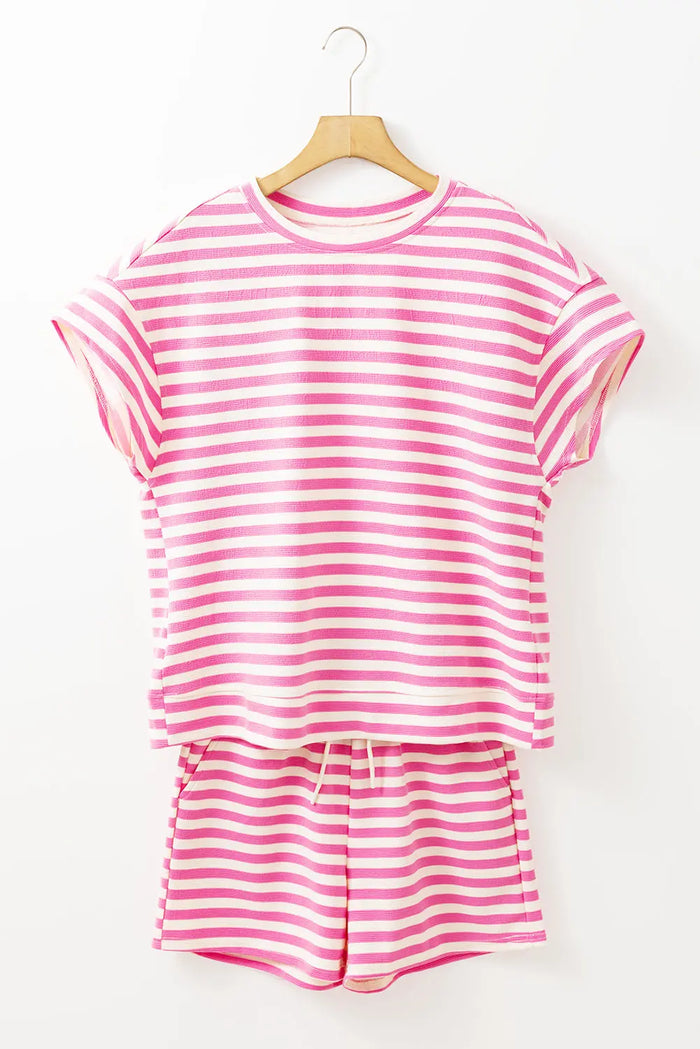 Rose Stripe Crew Neck T Shirt and Drawstring Shorts Set - Two Piece Sets/Short Sets