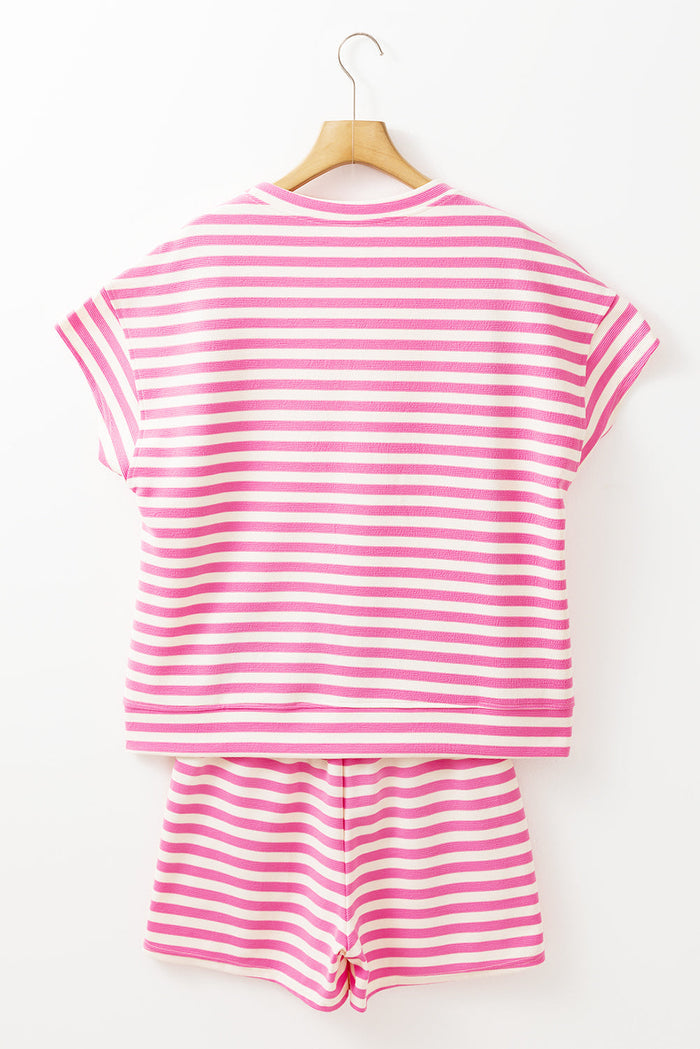 Rose Stripe Crew Neck T Shirt and Drawstring Shorts Set - Two Piece Sets/Short Sets