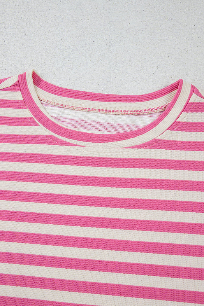 Rose Stripe Crew Neck T Shirt and Drawstring Shorts Set - Two Piece Sets/Short Sets