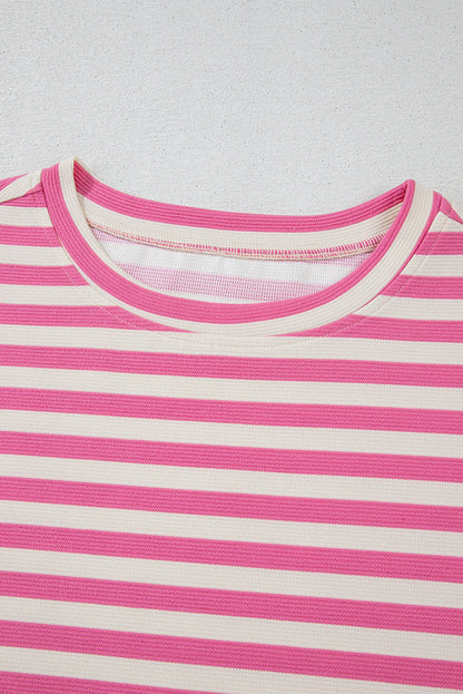 Rose Stripe Crew Neck T Shirt and Drawstring Shorts Set - Two Piece Sets/Short Sets