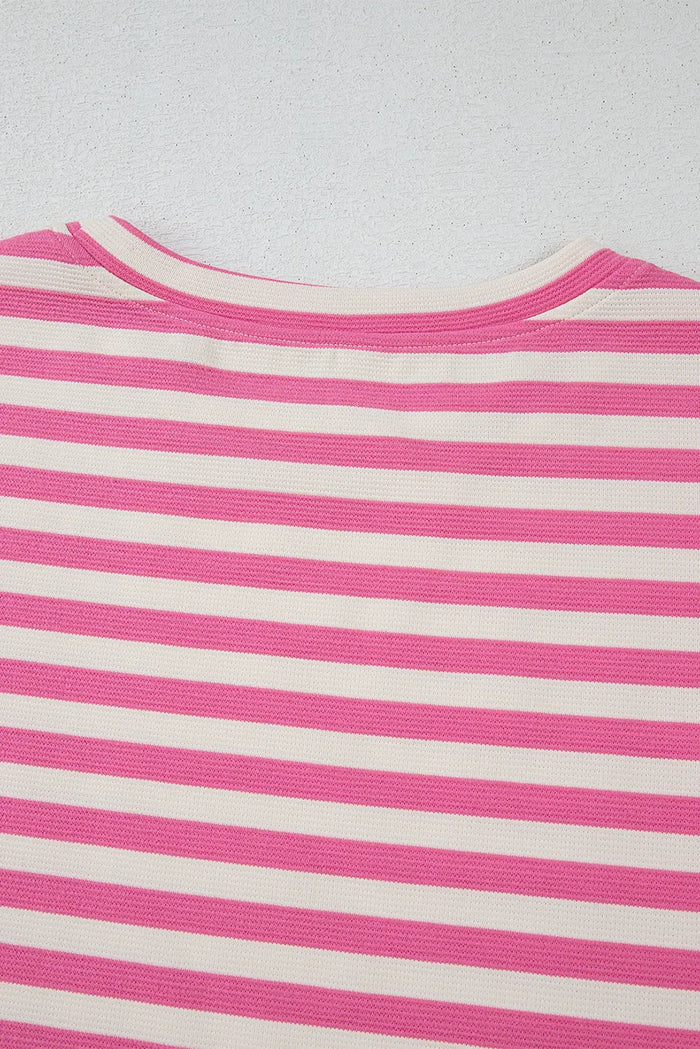 Rose Stripe Crew Neck T Shirt and Drawstring Shorts Set - Two Piece Sets/Short Sets