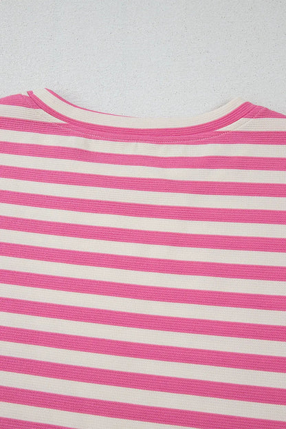 Rose Stripe Crew Neck T Shirt and Drawstring Shorts Set - Two Piece Sets/Short Sets