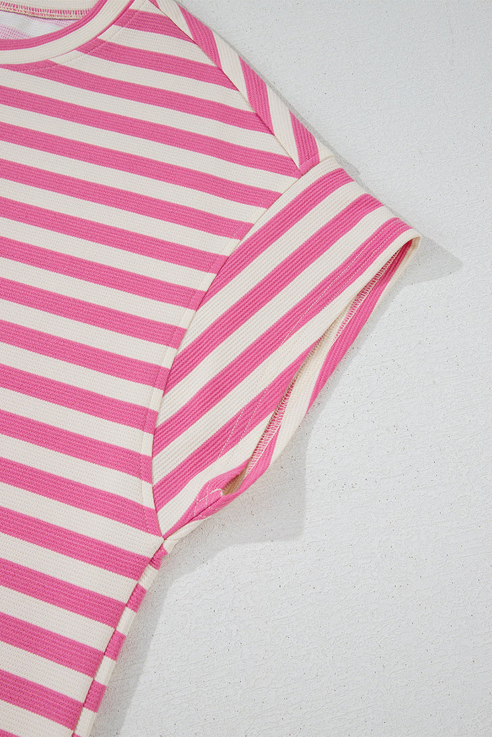 Rose Stripe Crew Neck T Shirt and Drawstring Shorts Set - Two Piece Sets/Short Sets