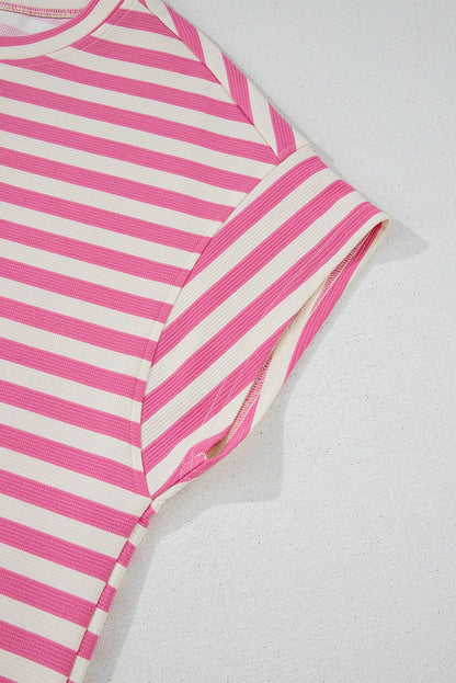 Rose Stripe Crew Neck T Shirt and Drawstring Shorts Set - Two Piece Sets/Short Sets