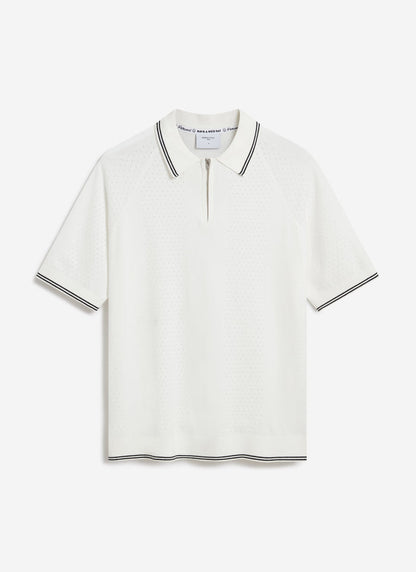 The Percival Rossi Knitted Polo in white, laid flat. It features a perforated texture, a quarter-zip, and black striped trim.