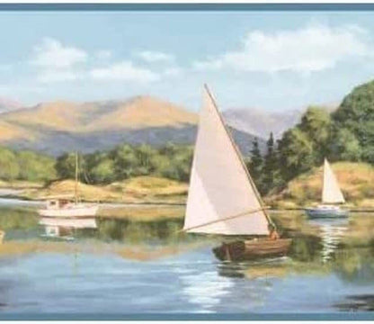 Sail Boats on the Water in Front of Mountains Wallpaper Border