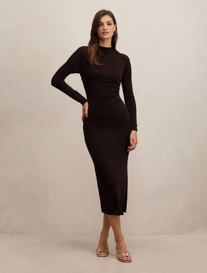 Sammy Glitter Long Sleeve Bodycon Dress Dark Chocolate Forever New