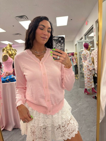 Scalloped Edge Button Cardigan - Pink - Intimate Whispers