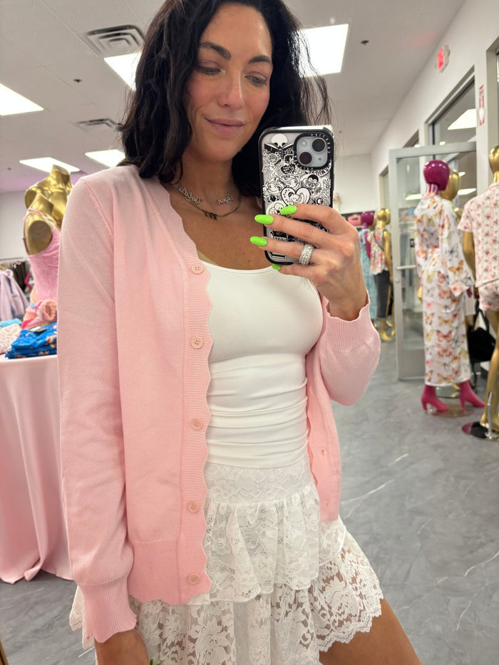 Scalloped Edge Button Cardigan - Pink - Intimate Whispers
