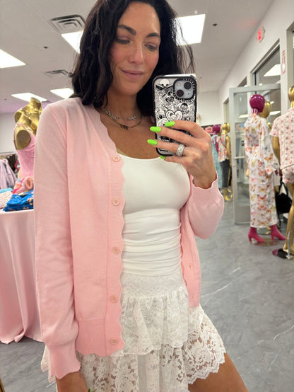 Scalloped Edge Button Cardigan - Pink - Intimate Whispers
