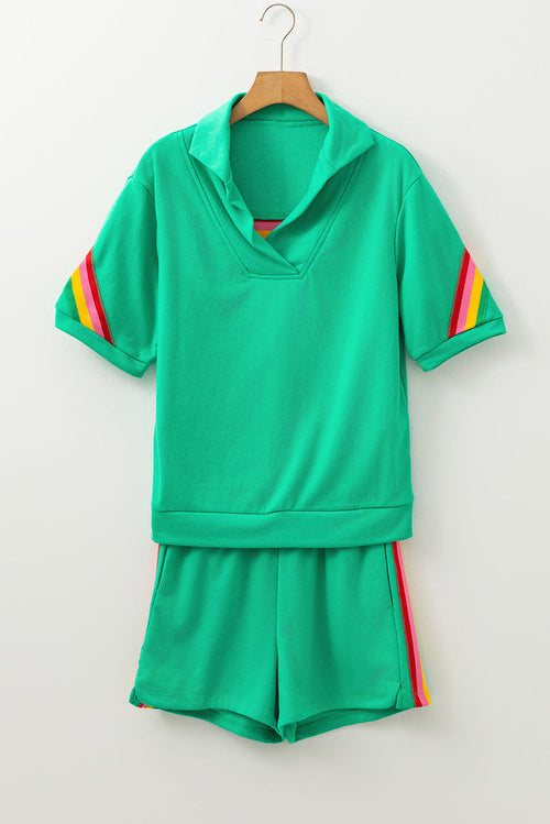 Sea Green Rainbow Colourblock Collared Short Sleeve Top 2 Piece Shorts Set - S / 80% Polyester + 20% Cotton - Two
