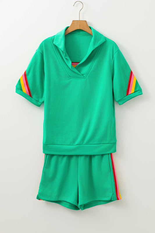 Sea Green Rainbow Colourblock Collared Short Sleeve Top 2 Piece Shorts Set - S / 80% Polyester + 20% Cotton - Two