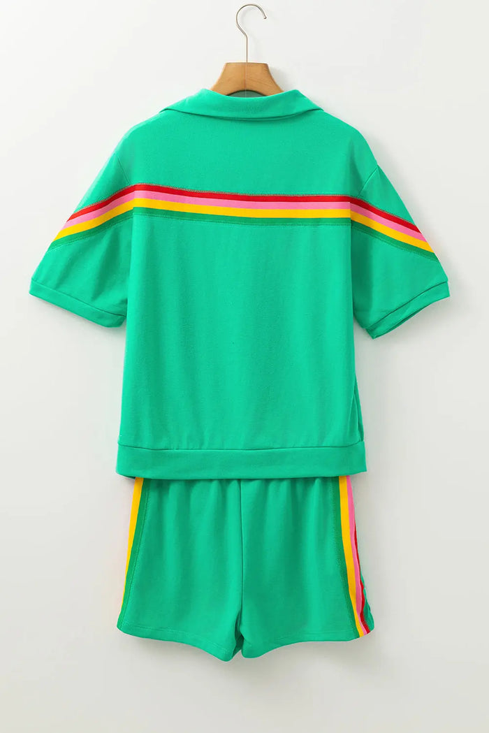 Sea Green Rainbow Colourblock Collared Short Sleeve Top 2 Piece Shorts Set - Two Sets/Short Sets