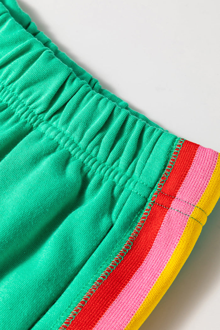 Sea Green Rainbow Colourblock Collared Short Sleeve Top 2 Piece Shorts Set - Two Sets/Short Sets