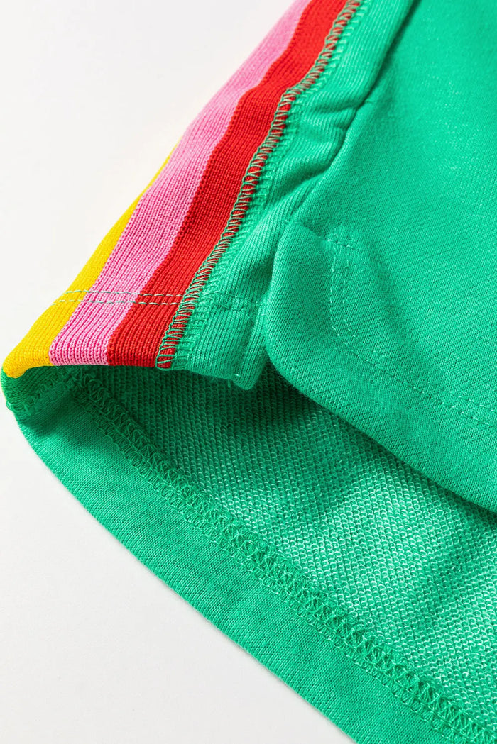 Sea Green Rainbow Colourblock Collared Short Sleeve Top 2 Piece Shorts Set - Two Sets/Short Sets