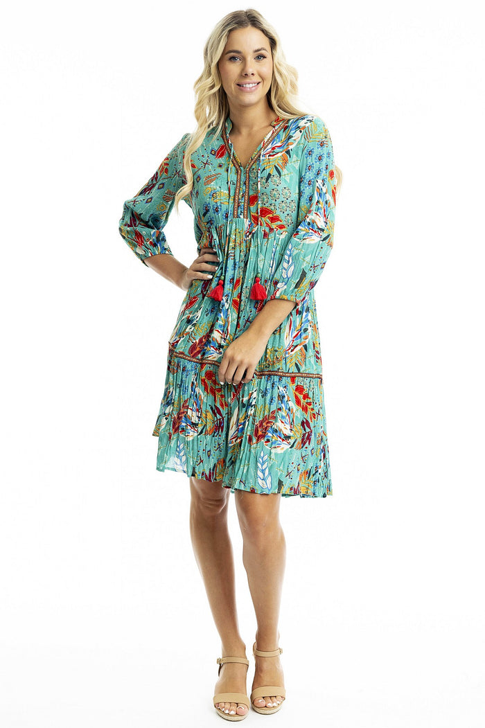 Orientique Serengetti V-neckline trim tunic dress with flowy fabric and stylish design, perfect for casual or semi-formal wear.