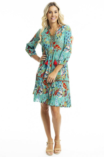 Orientique Serengetti V-neckline trim tunic dress with flowy fabric and stylish design, perfect for casual or semi-formal wear.