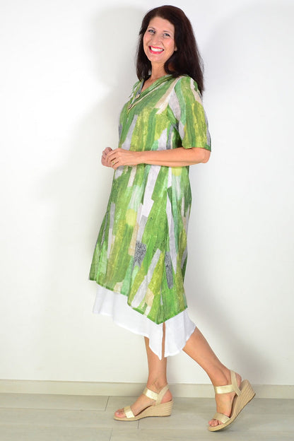 La Mode Shades of Green summer tunic dress with floral pattern, lightweight fabric, and relaxed fit displayed on a hanger.