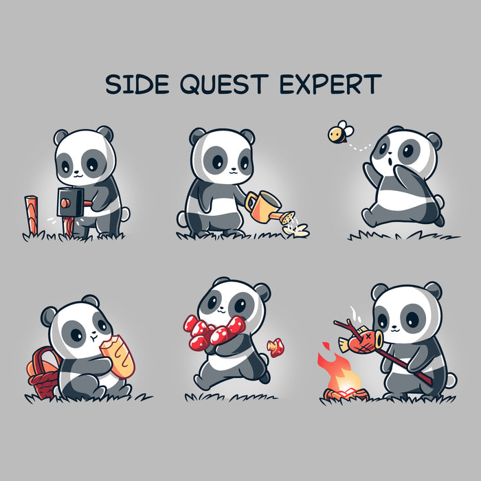 Premium Cotton T-shirt_TeeTurtle Side Quest Expert silver gray t-shirt featuring a panda engaging in various activities such as taking a photo, watering a plant, chasing a bee, gathering food, collecting apples, and cooking over a campfire.