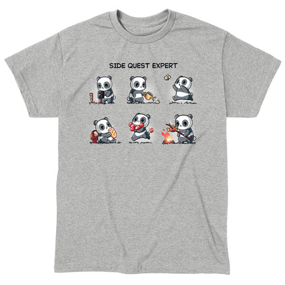 Classic Cotton T-shirt_TeeTurtle Side Quest Expert heather gray t-shirt featuring a panda engaging in various activities such as taking a photo, watering a plant, chasing a bee, gathering food, collecting apples, and cooking over a campfire.