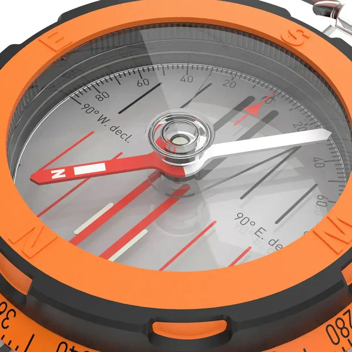 Close-up shot of the orange bezel on a Silva Expedition compass