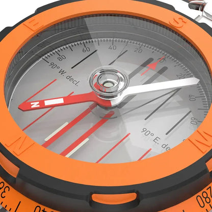 Close-up shot of the orange bezel on a Silva Expedition compass