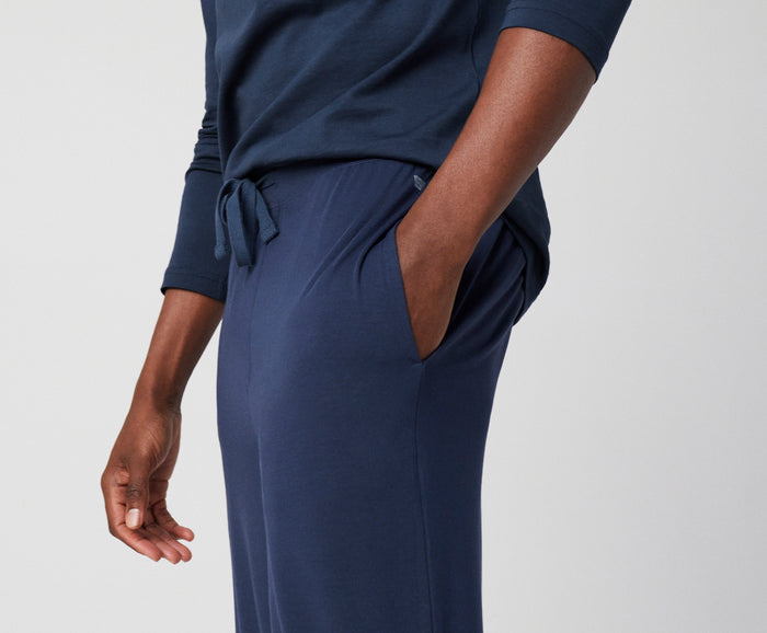 side view of man wearing Silver HD Pajama Pant in True Navy