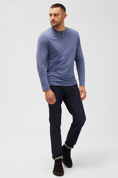 Full body front view of a man wearing Silver Long Sleeve Henley in Moonlighting Heather