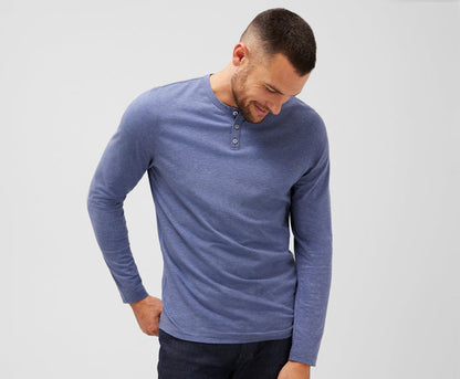Front view of a man wearing Silver Long Sleeve Henley in Moonlighting Heather