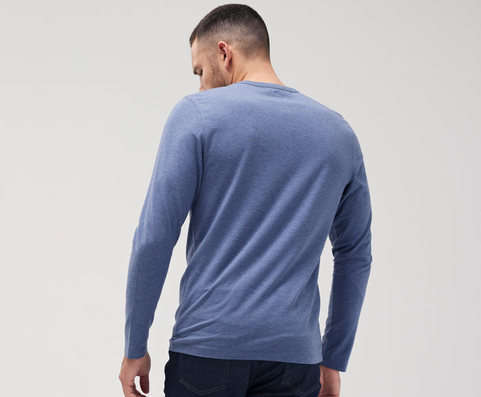 Back view of a man wearing Silver Long Sleeve Henley in Moonlighting Heather