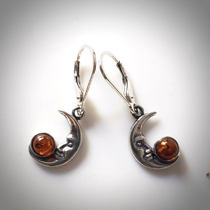 moon silver amber earrings