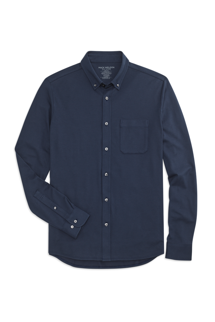 Front view of Silver Pique L/S Button Down in True Navy