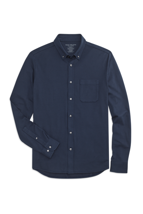 Front view of Silver Pique L/S Button Down in True Navy