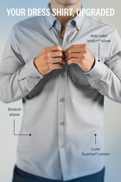 Close up view of a man wearing Silver Pique Button Up in Monument