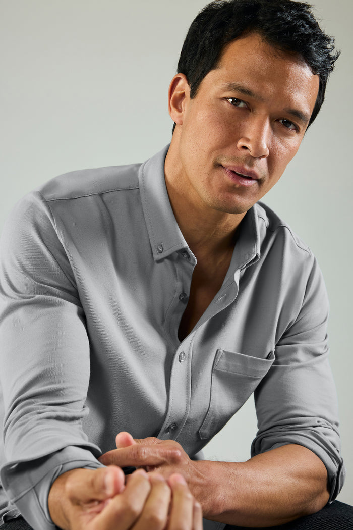 Image of a man wearing Silver Pique Button Up in Monument
