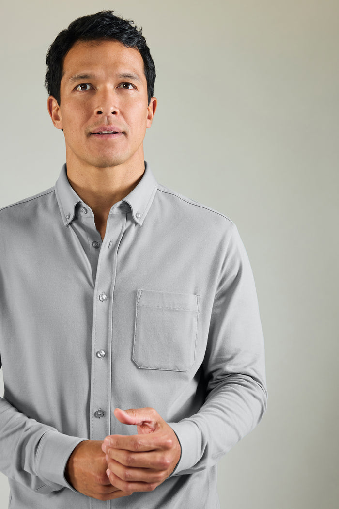 Image of a man wearing Silver Pique Button Up in Monument
