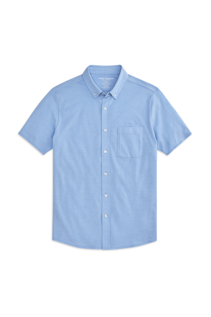 Front view of SILVER Pique Short Sleeve Button Up in Chambray White Oxford