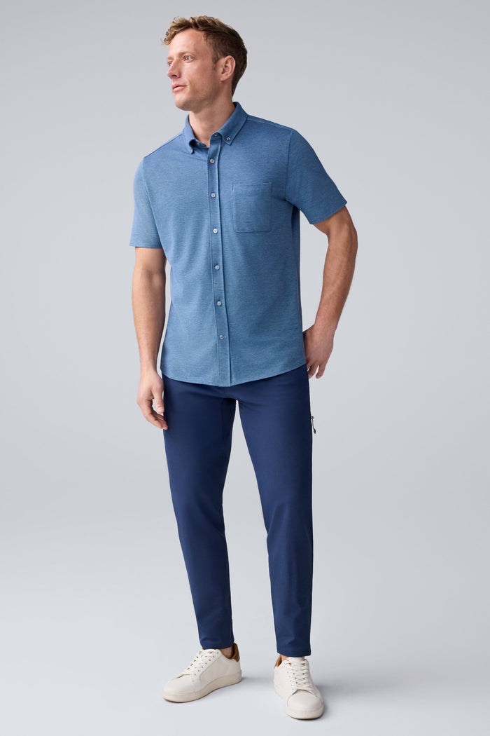Full front view of a man wearing SILVER Pique Short Sleeve Button Up in Total Eclipse Chambray Oxford