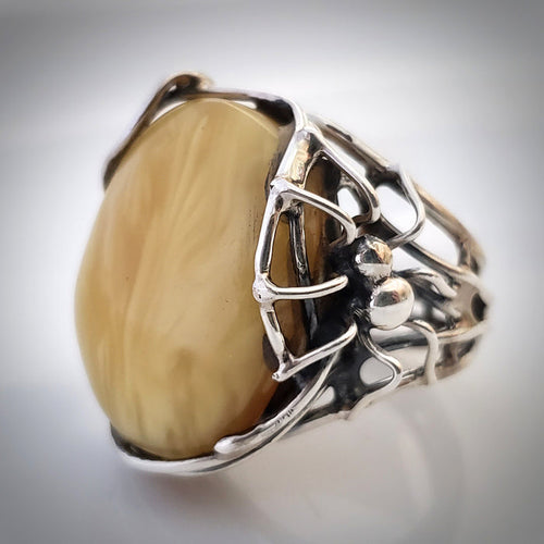 spider web butterscotch amber silver ring