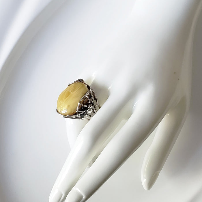 spider web butterscotch amber silver ring