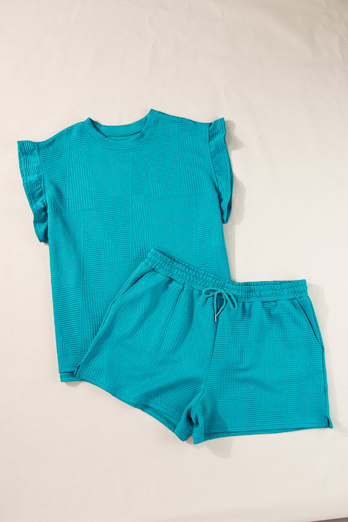 Skobeloff Textured Ruffle Split Top and Drawstring Shorts - Two Piece Sets/Short Sets